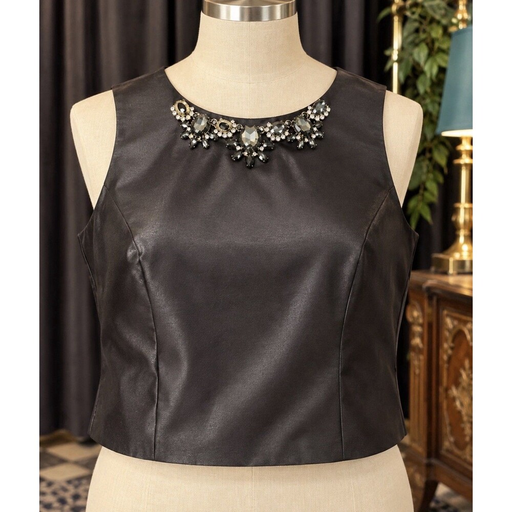 Xscape Size 2 Black Jeweled Neck Sleeveless Crop Top 30” Bust Made USA